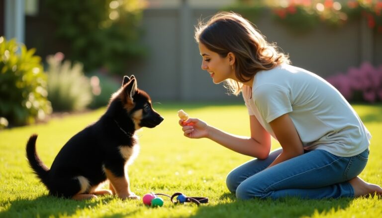 A woman feeds her dog, emphasizing the importance of proper training for German Shepherd puppies.