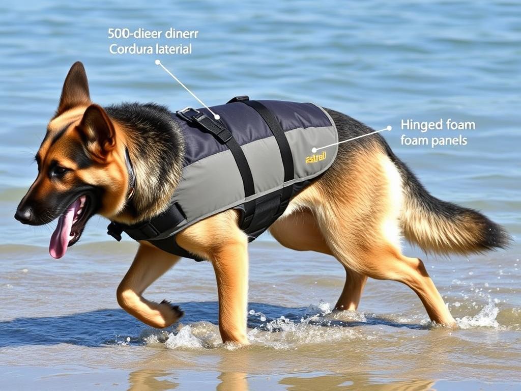 Astral Bird Dog Life Jacket worn by a German Shepherd Astral Bird Dog Life Jacket worn by a German Shepherd