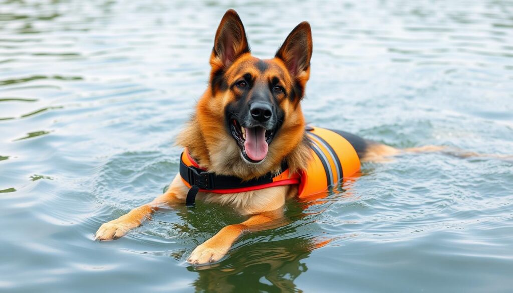 German Shepherd swimming with a life jacket German Shepherd swimming with a life jacket