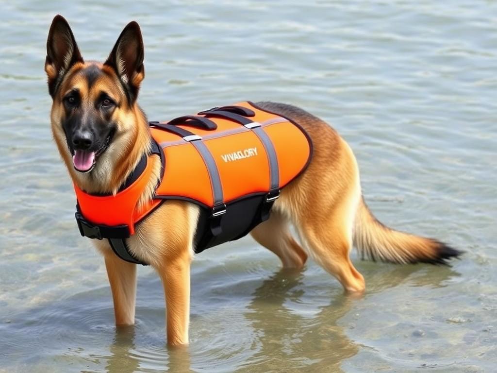 VIVAGLORY Sport Dog Life Jacket on a German Shepherd VIVAGLORY Sport Dog Life Jacket on a German Shepherd